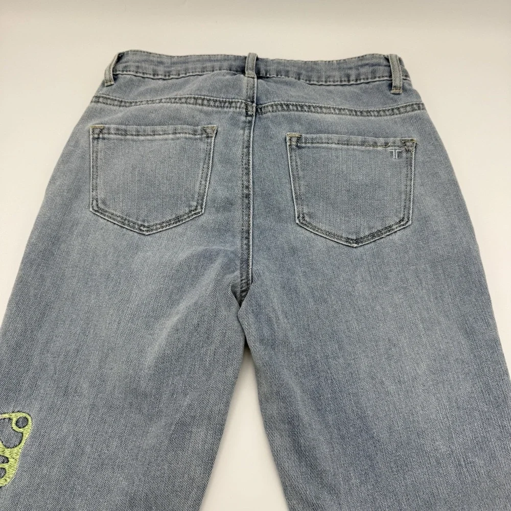 Girls Denim Pants Butterfly Embroidered Size 10 Cuffed Straight Leg Light‎ Wash